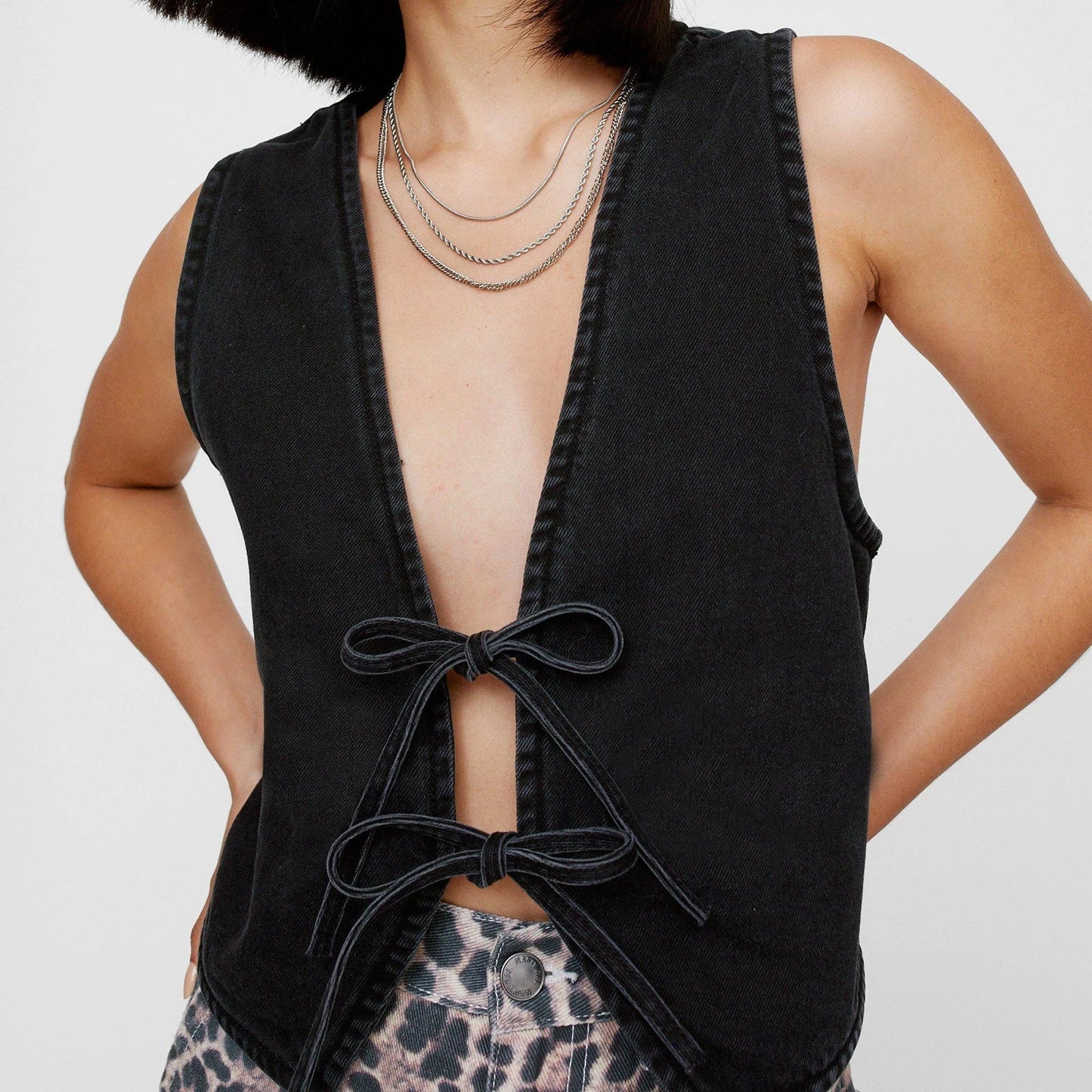 Denim Halter Tie-up V-neck Waistcoat Cami Top