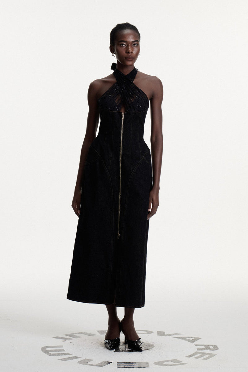 Connell Sequin Halter Neck Denim Maxi Dress