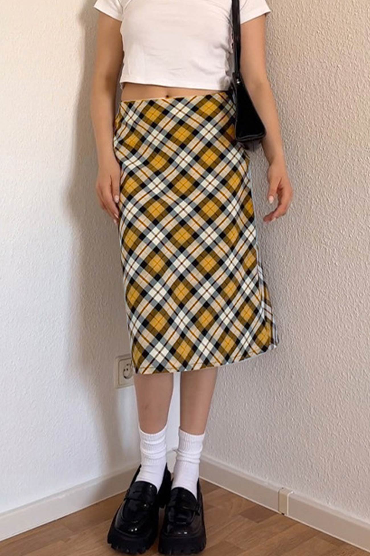 Contrast Plaid High Waist Midi Skirt