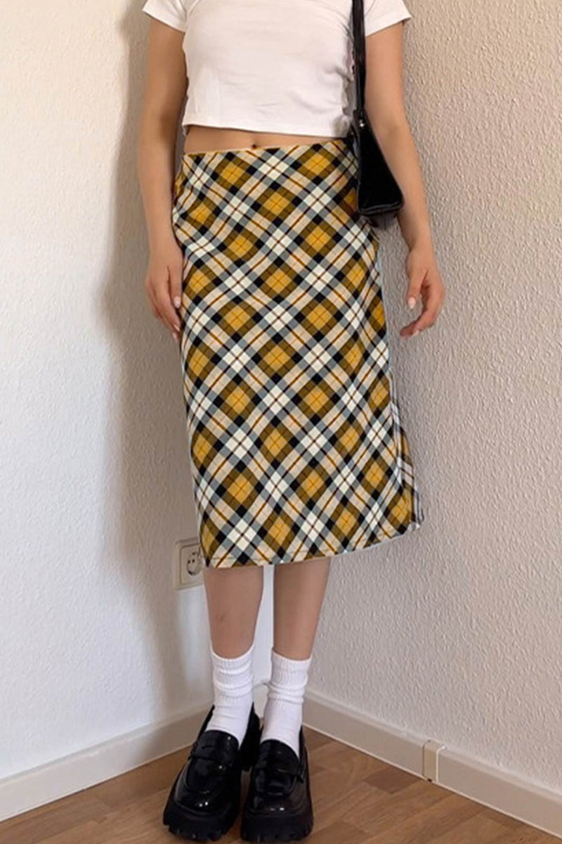 Contrast Plaid High Waist Midi Skirt
