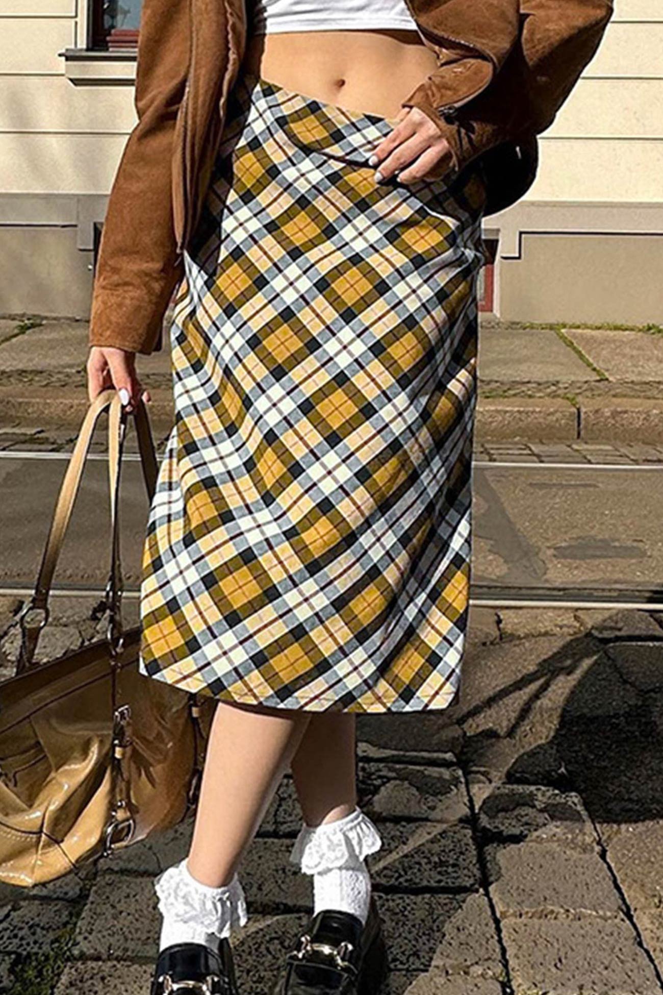 Contrast Plaid High Waist Midi Skirt