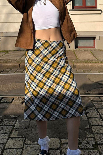 Contrast Plaid High Waist Midi Skirt