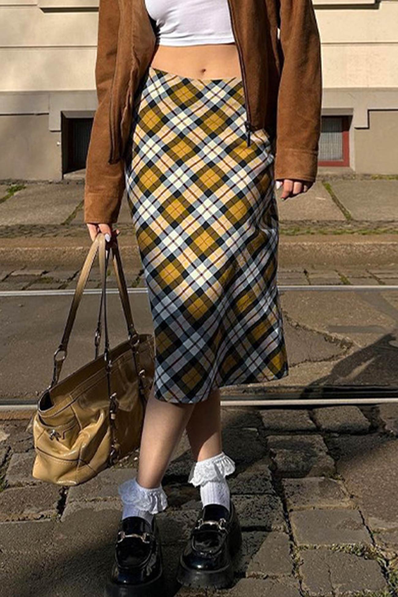 Contrast Plaid High Waist Midi Skirt