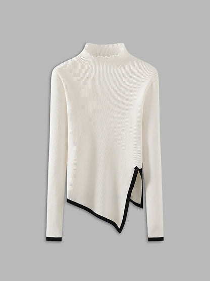 Contrast-trim Asymmetrical Mock Neck Sweater