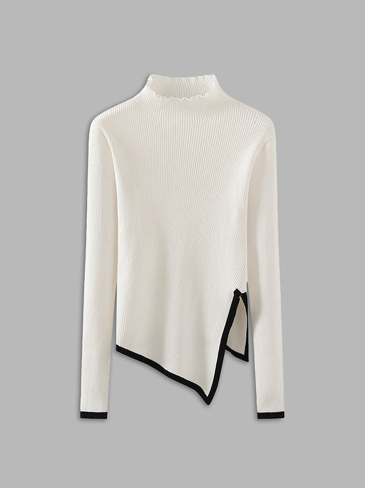 Contrast-trim Asymmetrical Mock Neck Sweater
