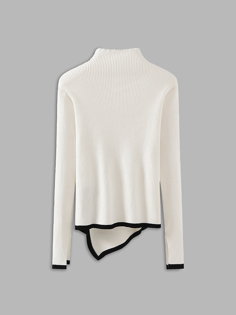 Contrast-trim Asymmetrical Mock Neck Sweater