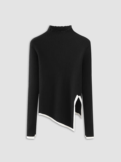 Contrast-trim Asymmetrical Mock Neck Sweater