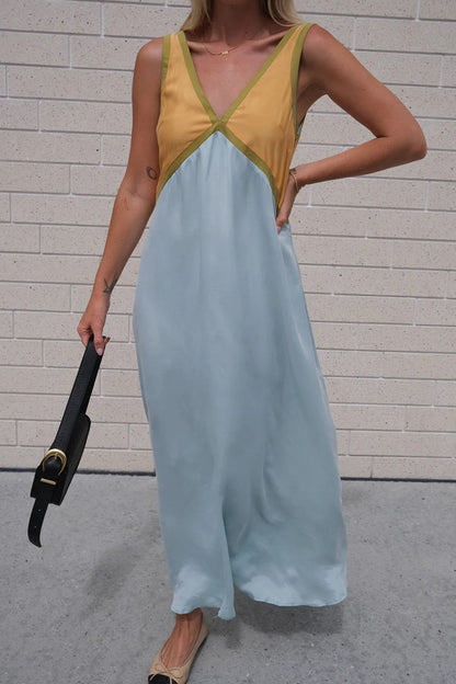 Contrast V Neck Sleeveless Maxi Dress