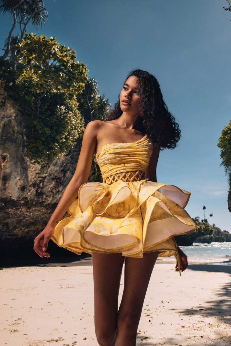 Cora One Shoulder Ruffle Cutout Mini Dress in Yellow