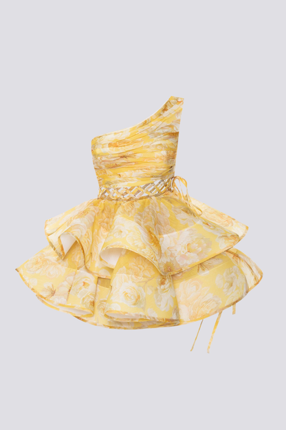 Cora One Shoulder Ruffle Cutout Mini Dress in Yellow