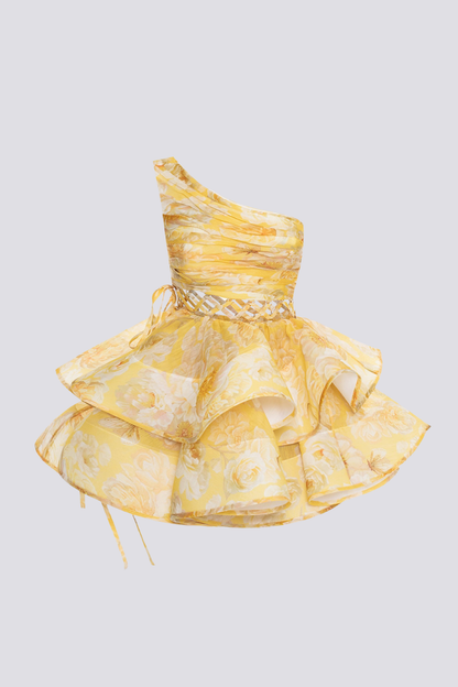 Cora One Shoulder Ruffle Cutout Mini Dress in Yellow