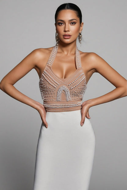 Nerida Pearl Halter Bandage Midi Dress - Beige