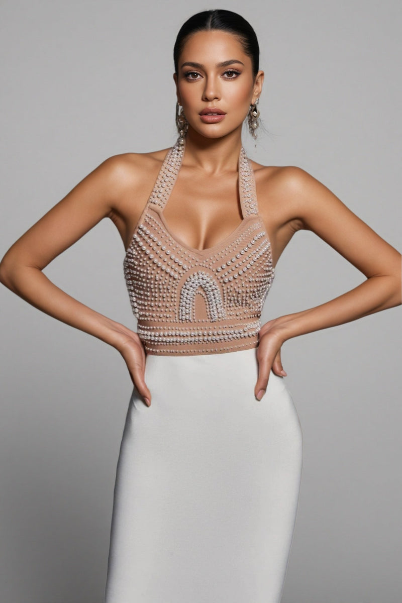 Nerida Pearl Halter Bandage Midi Dress - Beige