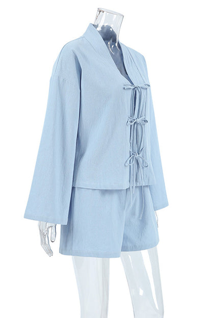 Cotton Long Sleeve Tie-up Shirt Shorts Set