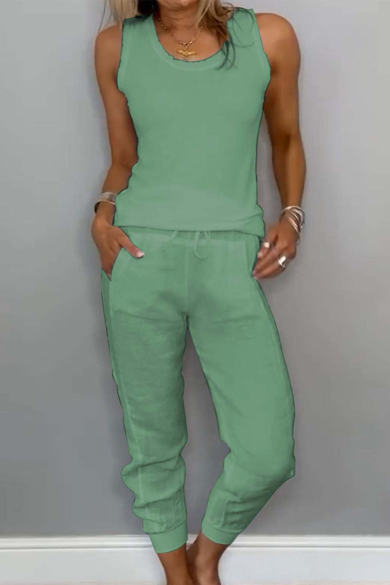 Cotton Drawstring Sleeveless Pocket Two Piece Set