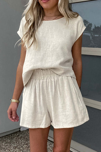Cotton Linen Cap Sleeve Shorts Two Piece Set