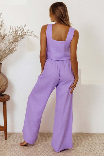 Cotton Waist-tie Square Neck Pants Set