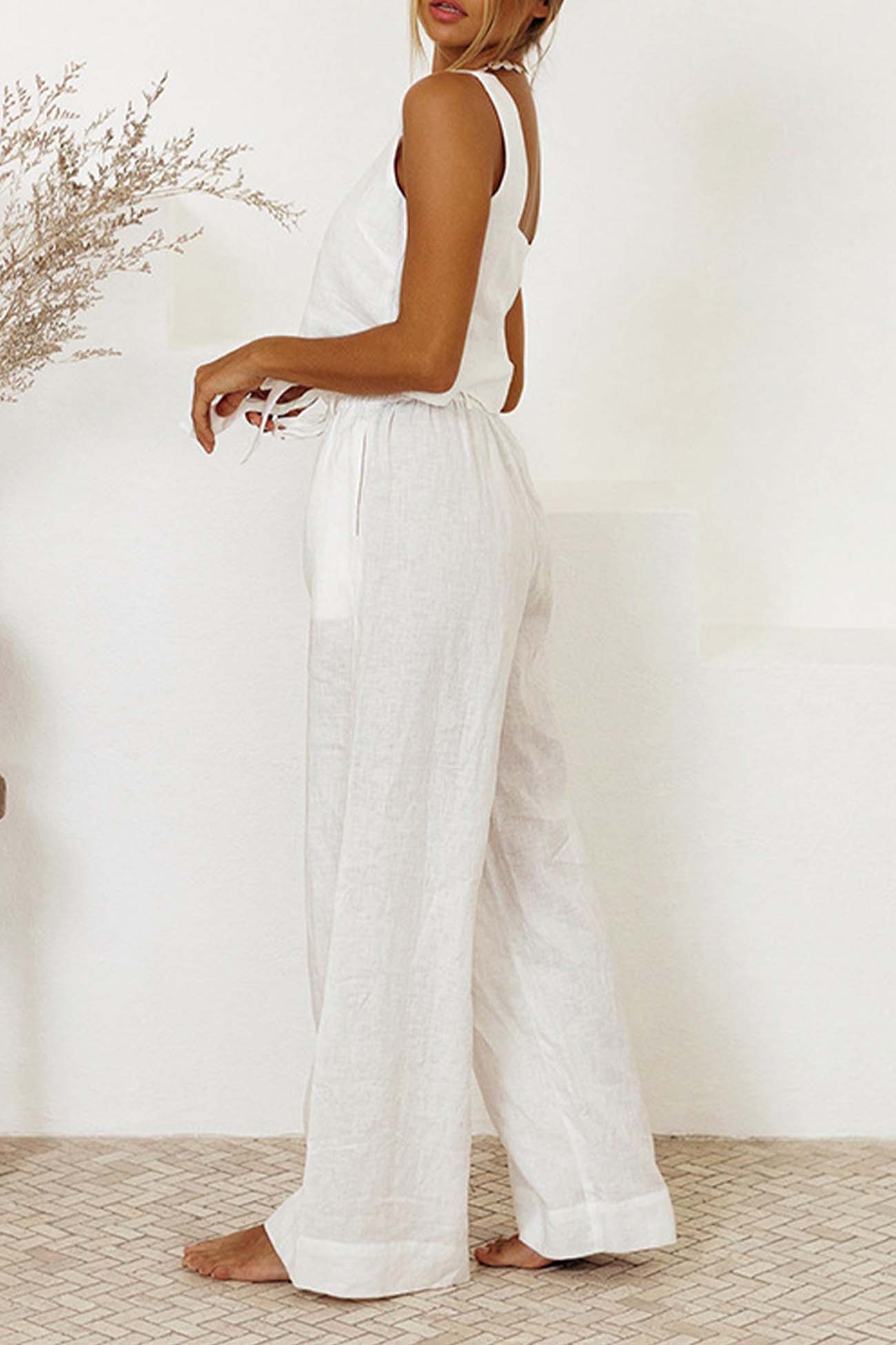 Cotton Waist-tie Square Neck Pants Set