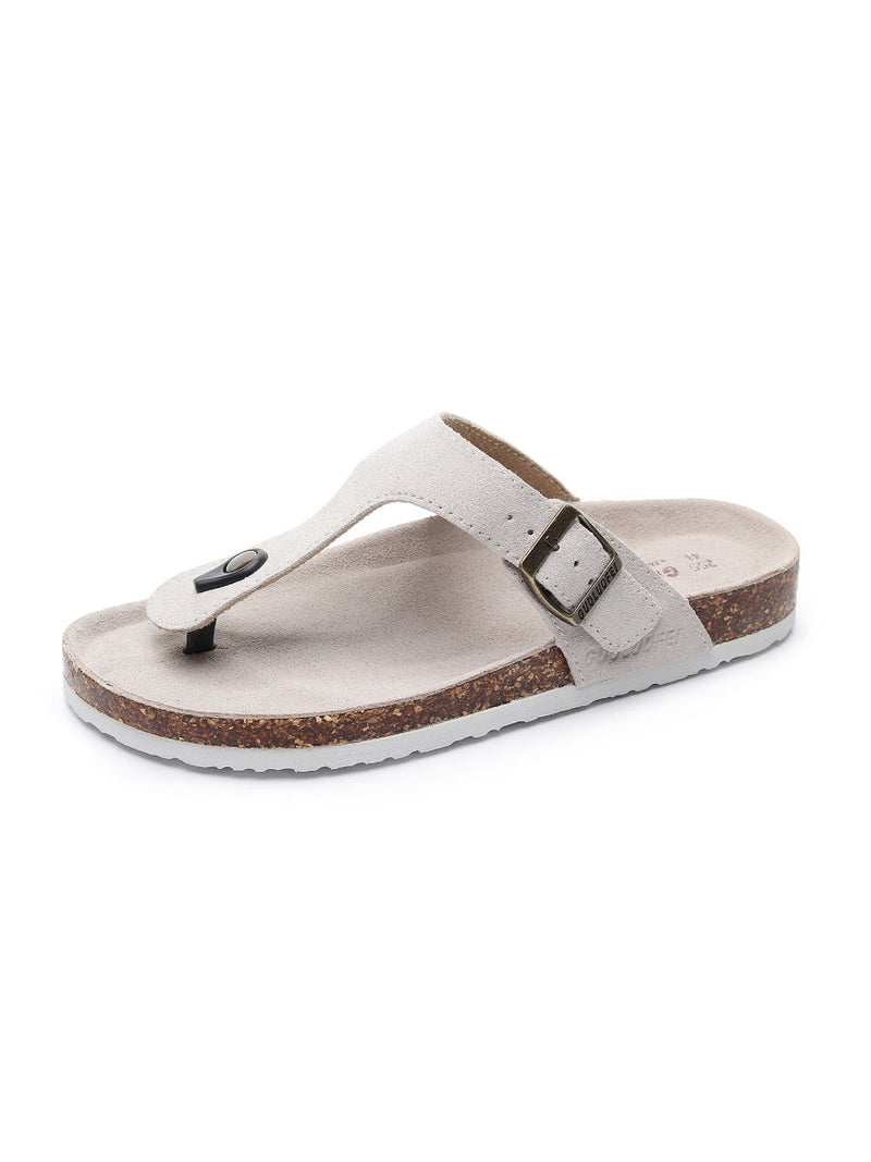 Maibulun | Cream Suede T-strap Leather Sandal