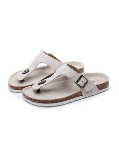 Maibulun | Cream Suede T-strap Leather Sandal