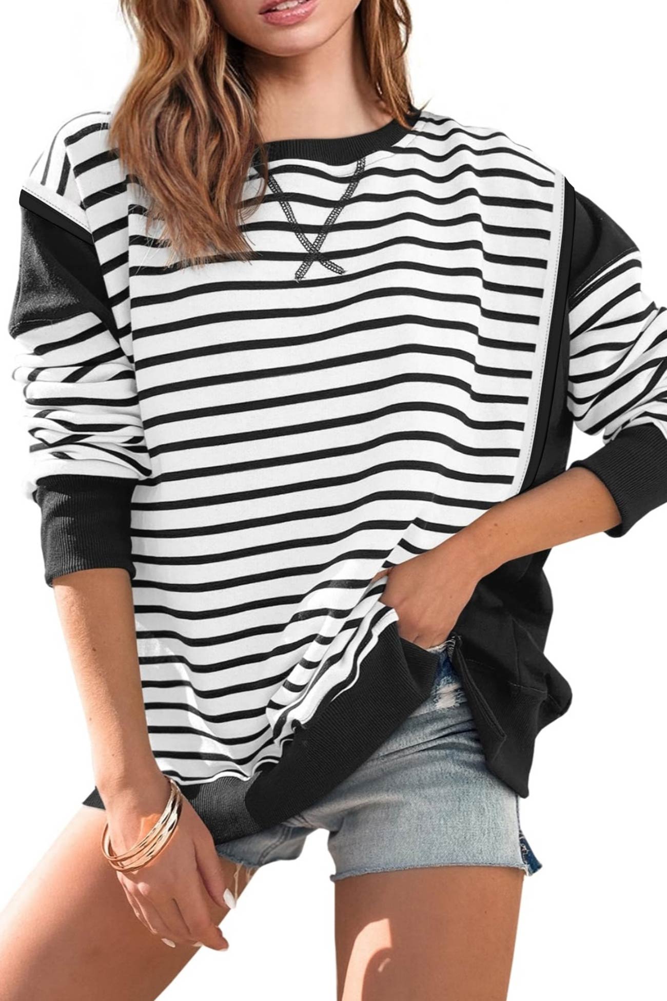 Crew Neck Striped Patchwork Sweatshirt