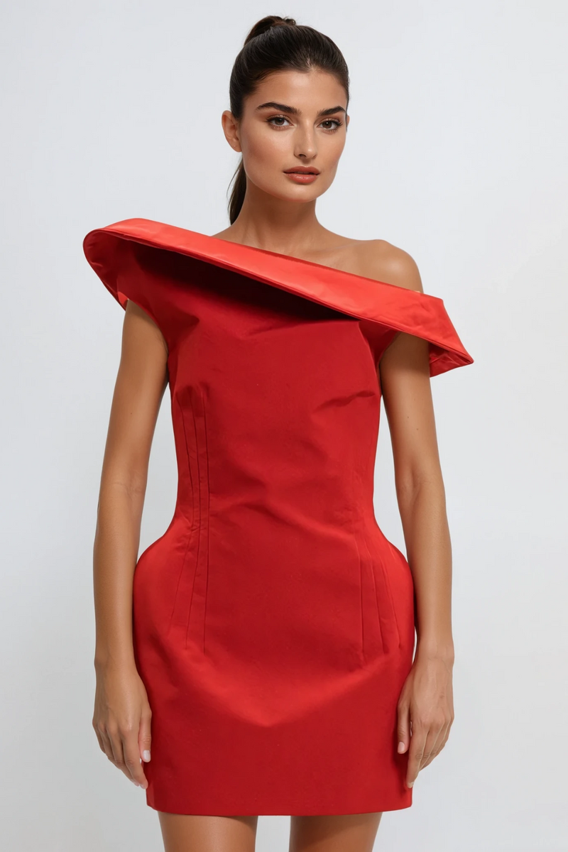 Crina Deconstruct Asymmetric Mini Dress in Red