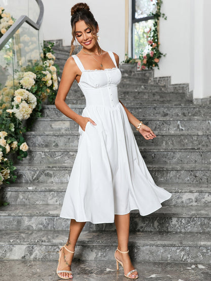 Crisscross Tie Back Button Pocket Dress