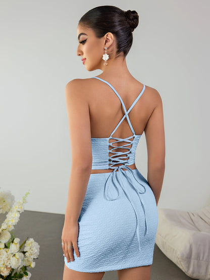 Crisscross Tie Back Crop Top&jacquard Bodycon Skirt