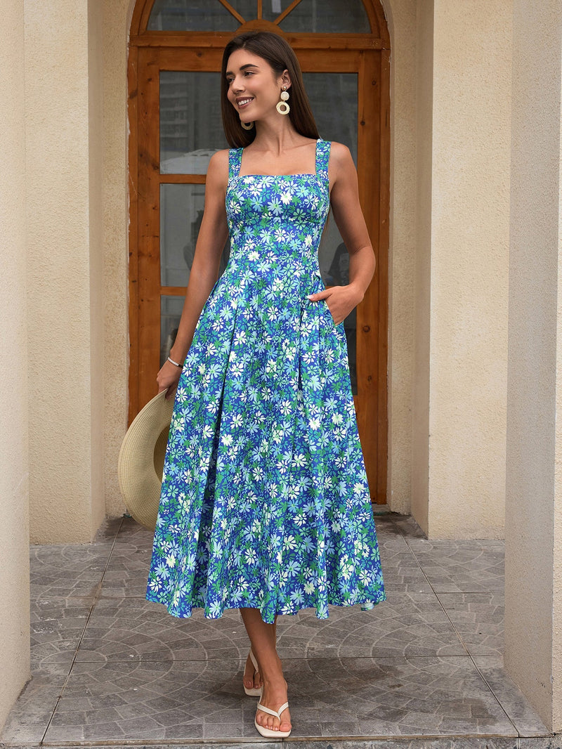 Crisscross Tie Back With Pockets Print Long Dress
