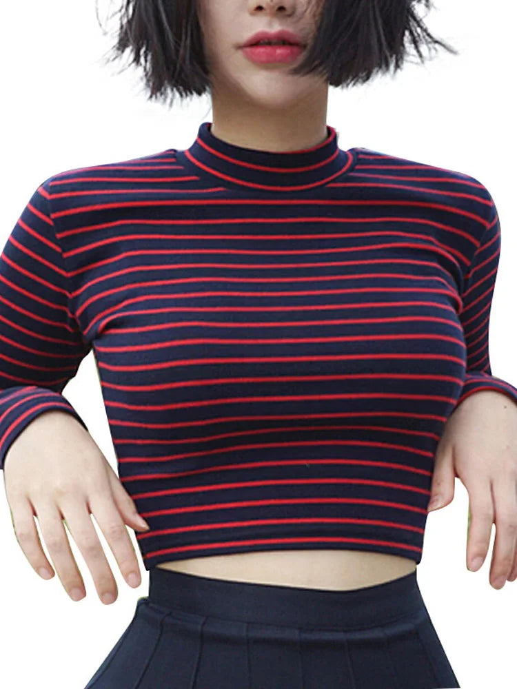 Crop Tops All-match Classic Stripe Slim Short Bustier Crop Top Turtleneck Long Sleeved T-shirt Shirts Tee
