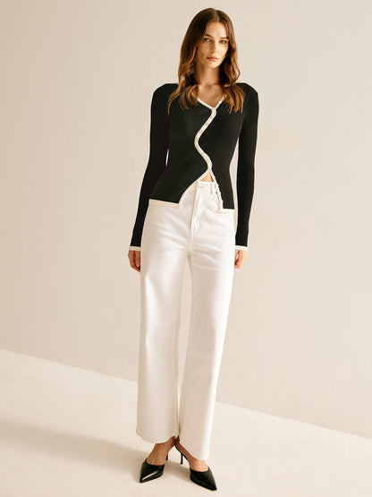 Curved Contrast Trim Button Cardigan
