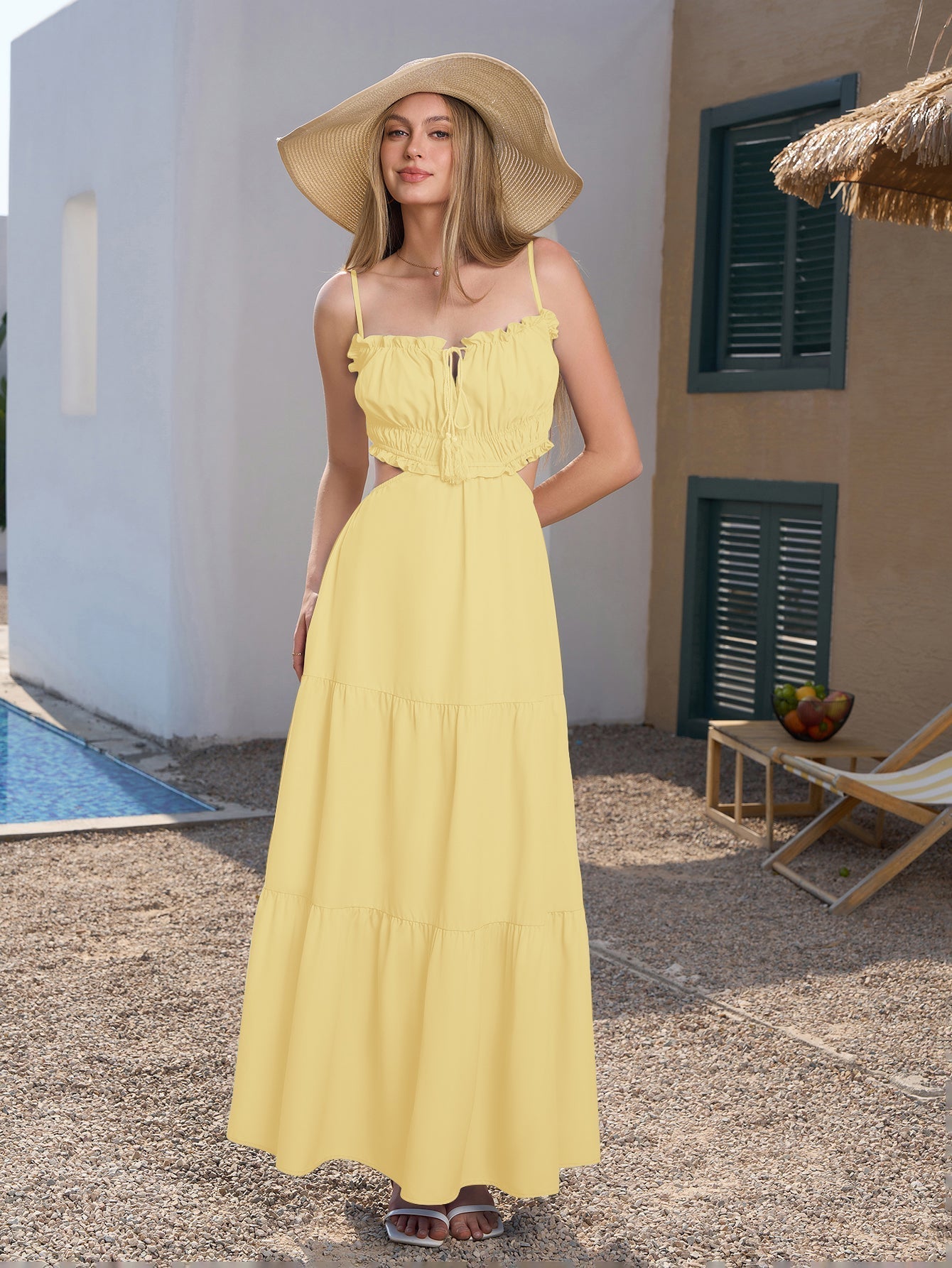 Cut Out Tie Front Flounce Trim Cami Dress