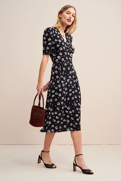 Mid Sleeve V-neck Midi Dress Blue