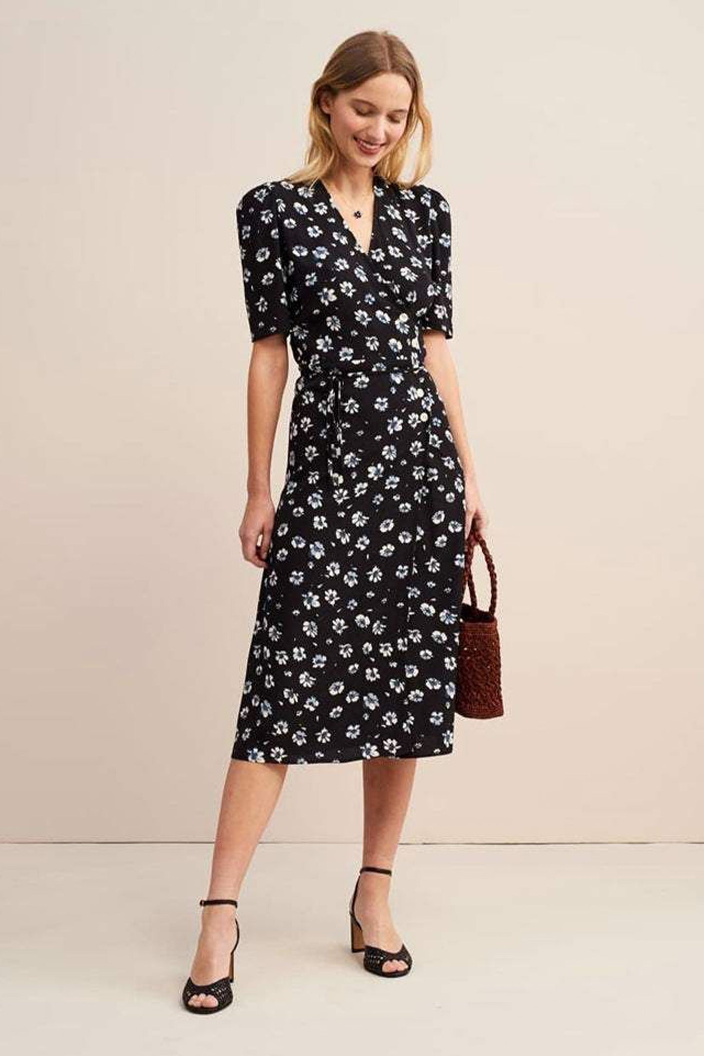 Mid Sleeve V-neck Midi Dress Blue