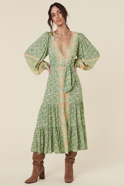 Long Sleeve V-neck Drapped Midi Dress Green
