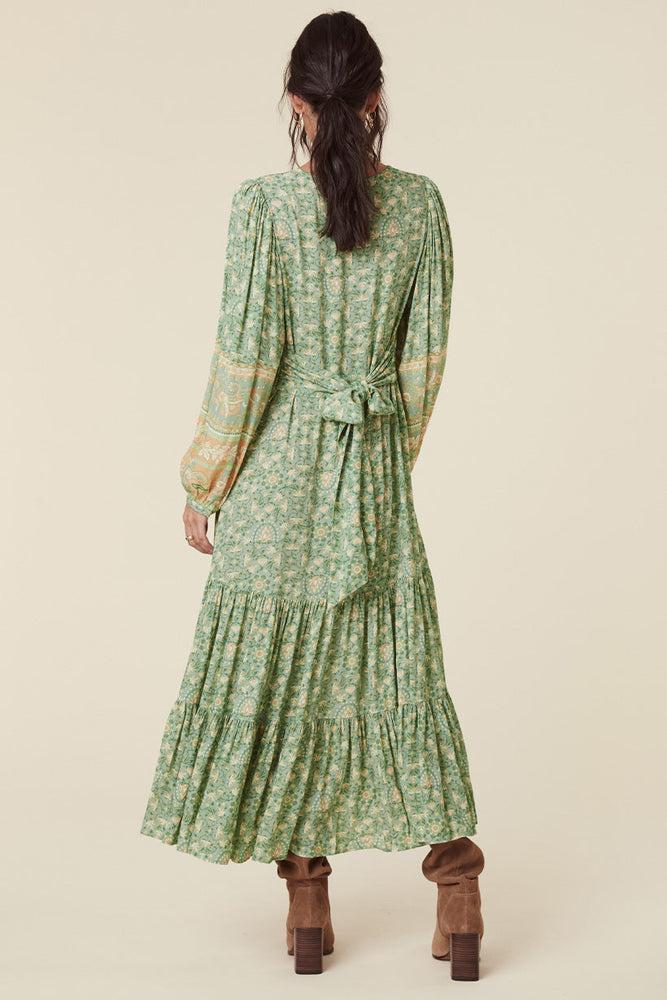 Long Sleeve V-neck Drapped Midi Dress Green