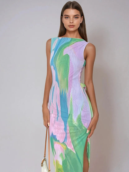 Monet Garden Print Sleeveless Long Dress