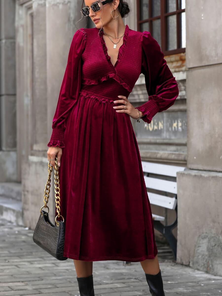 Theia V-neck Velvet Midi Dress