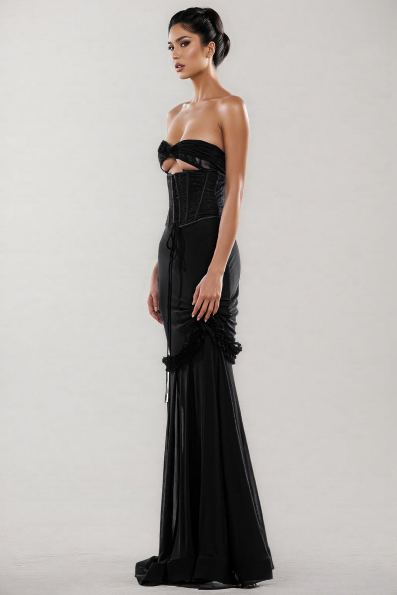 Rykelf Black Embroidered 3d Flower Maxi Dress