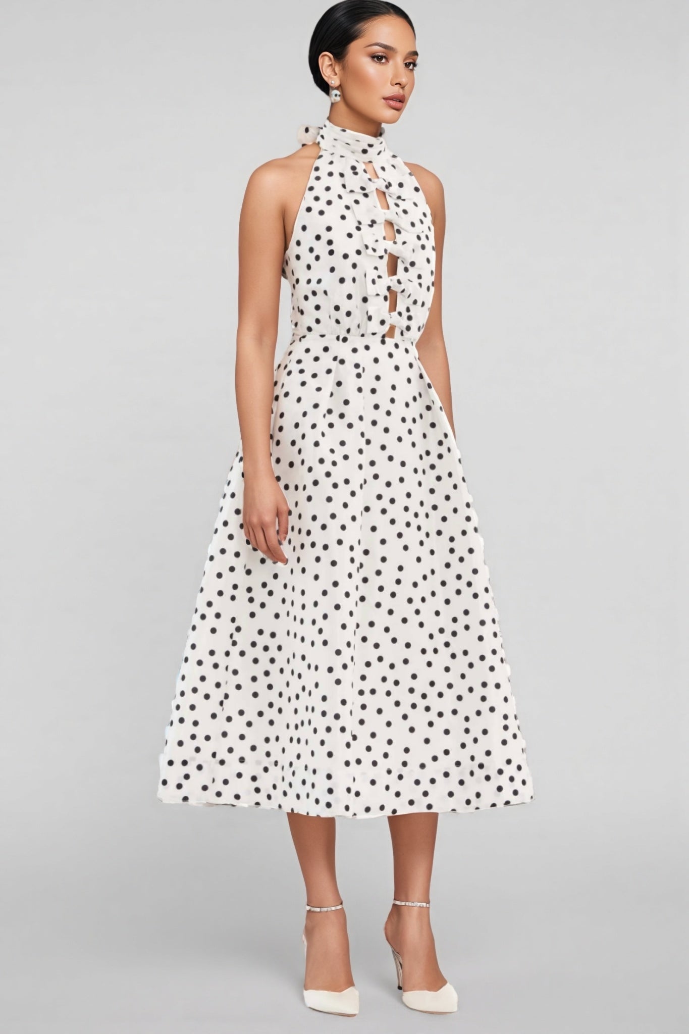 Cainea Bowknot Polka Dot Midi Dress