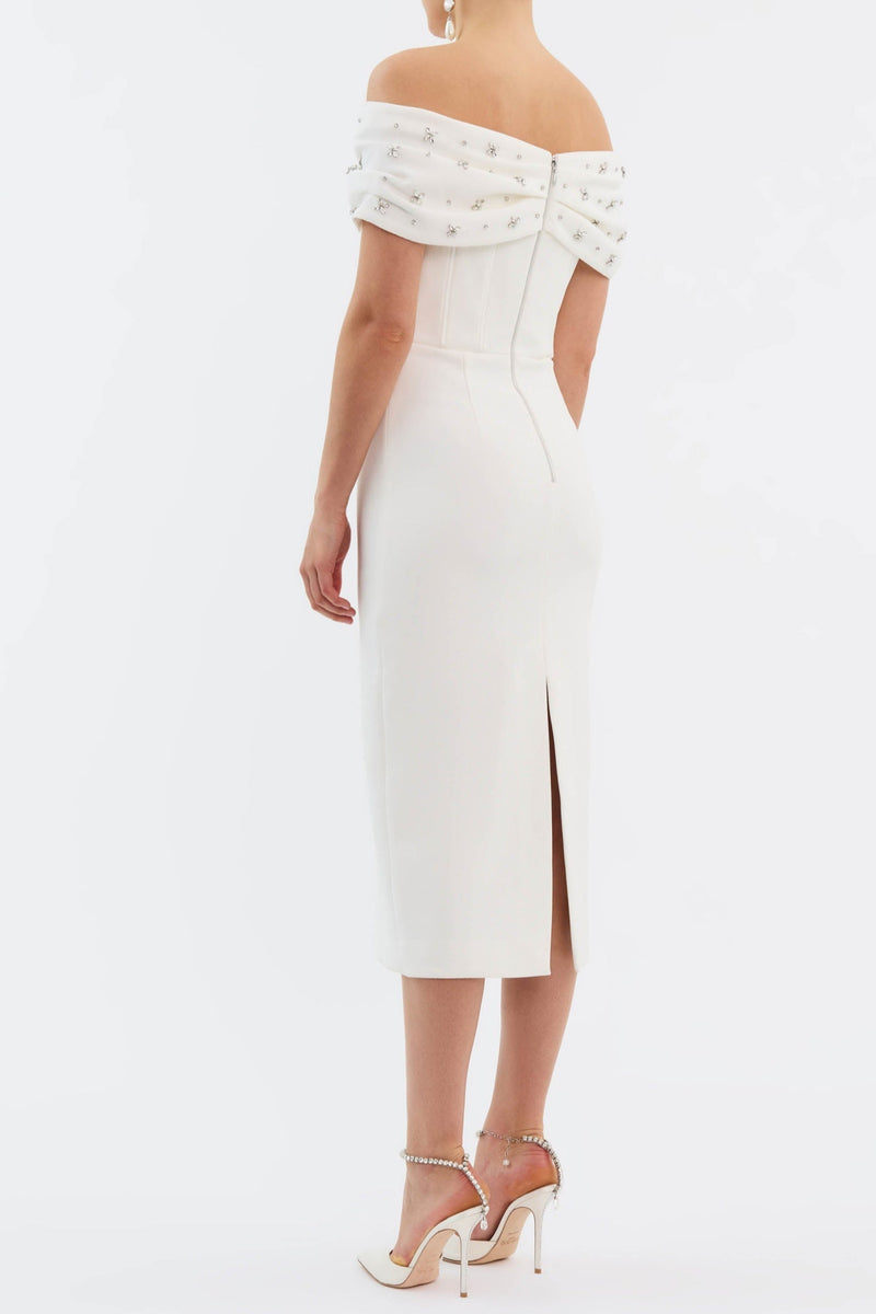 Dacre Off Shoulder Crystal Embellished Midi Dress