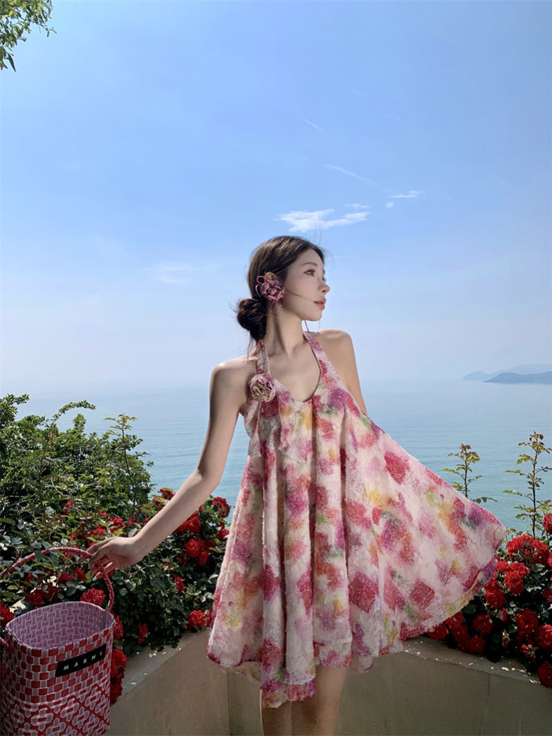 Dainty French Halter Tie-dye Mini Dress _ Flowy A-line Beach Dress