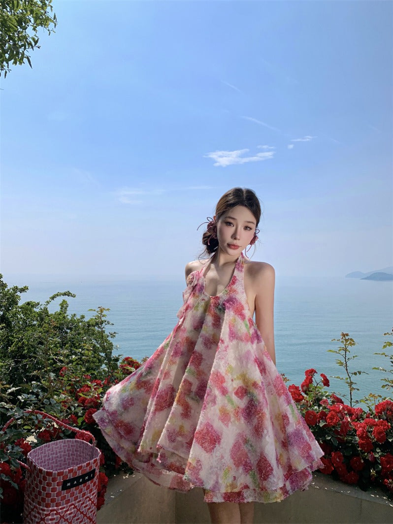 Dainty French Halter Tie-dye Mini Dress _ Flowy A-line Beach Dress