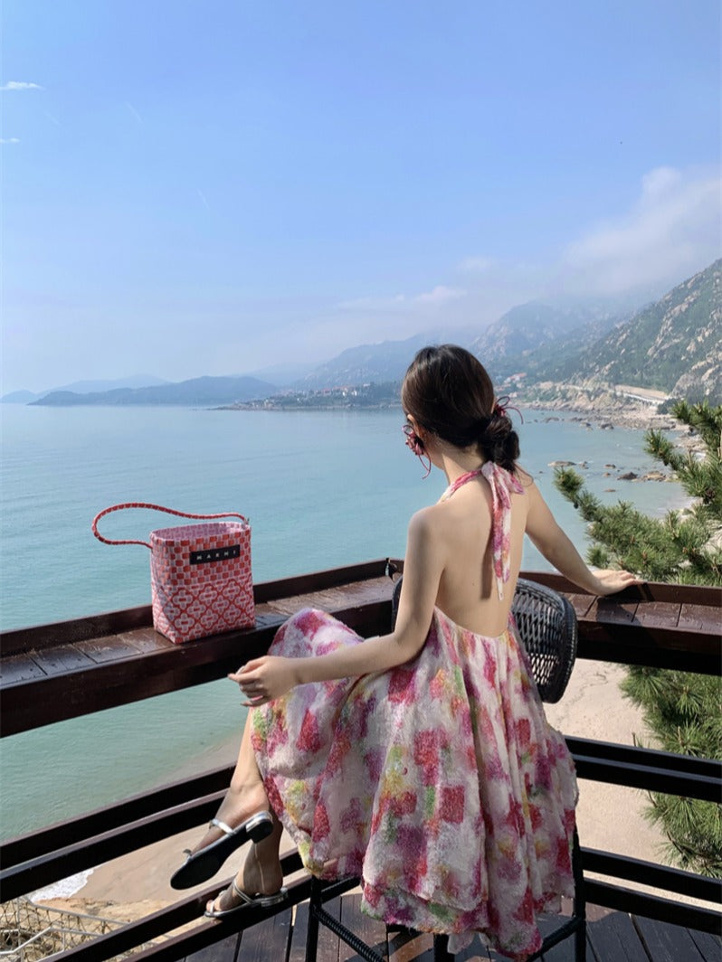 Dainty French Halter Tie-dye Mini Dress _ Flowy A-line Beach Dress