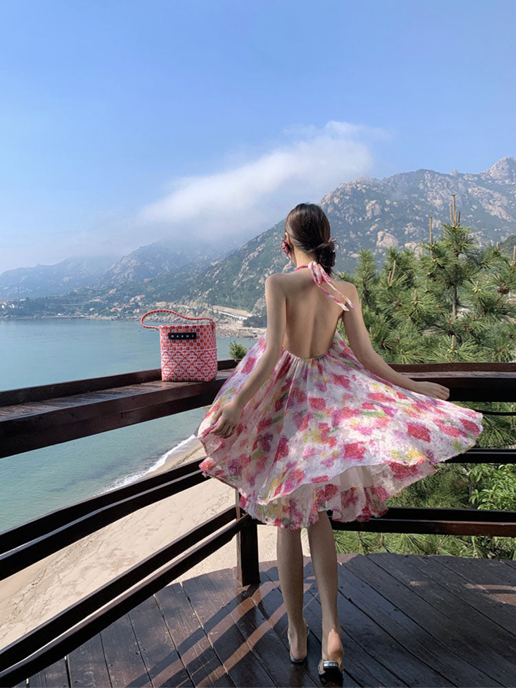 Dainty French Halter Tie-dye Mini Dress _ Flowy A-line Beach Dress