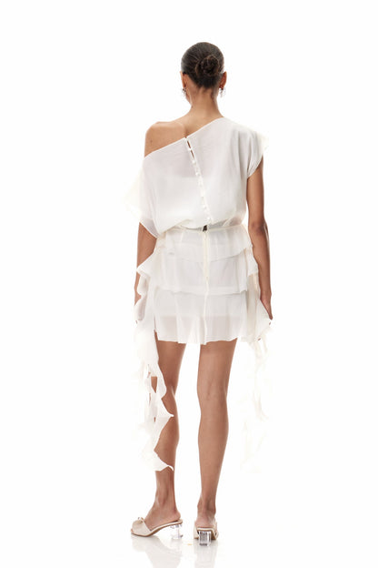 Dakila Asymmetric Fringe Mini Dress in Apricot