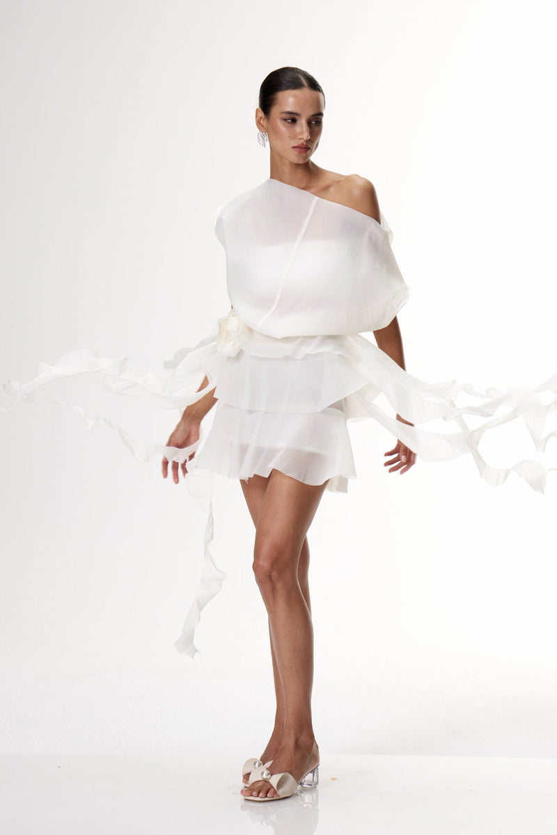 Dakila Asymmetric Fringe Mini Dress in Apricot