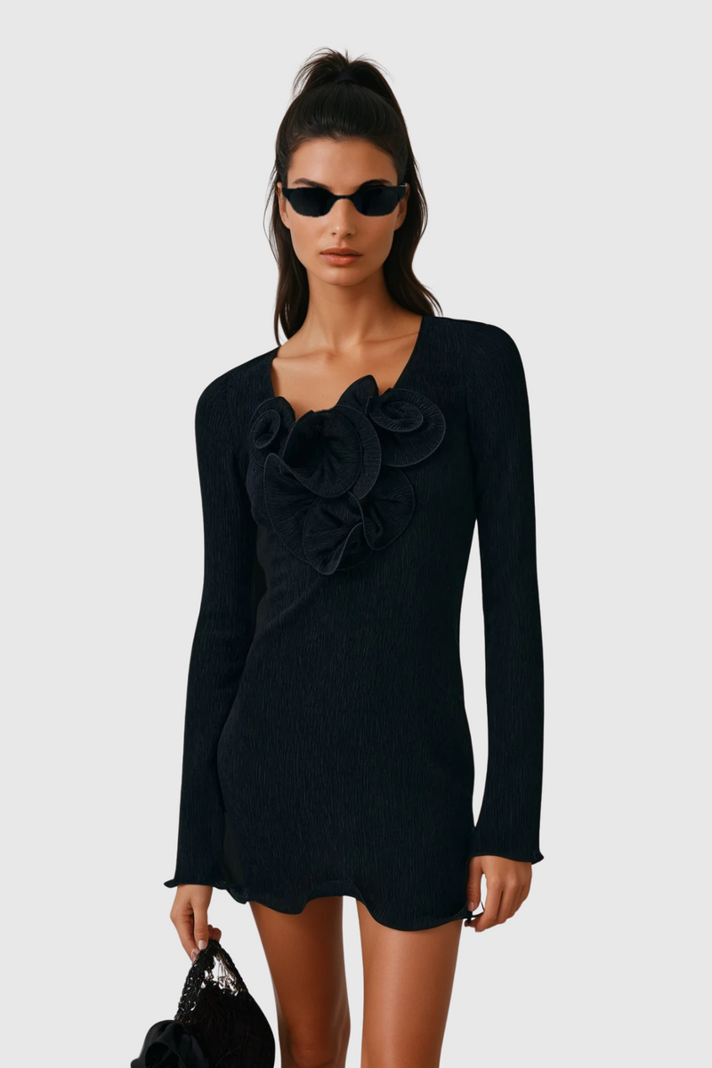 Dale Flower Ruffle Mini Dress in Black