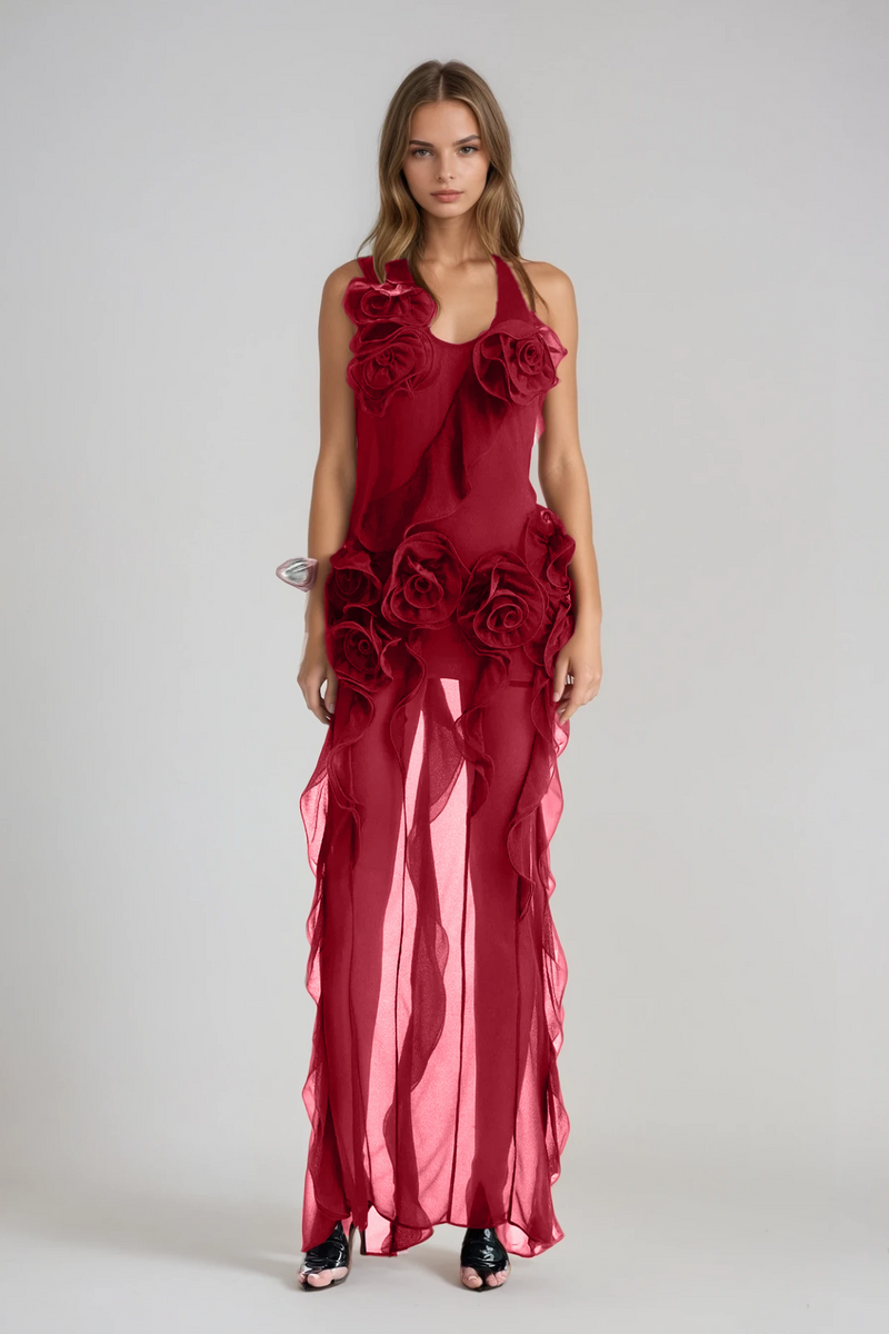 Damir Flower Backless Mesh Maxi Dress