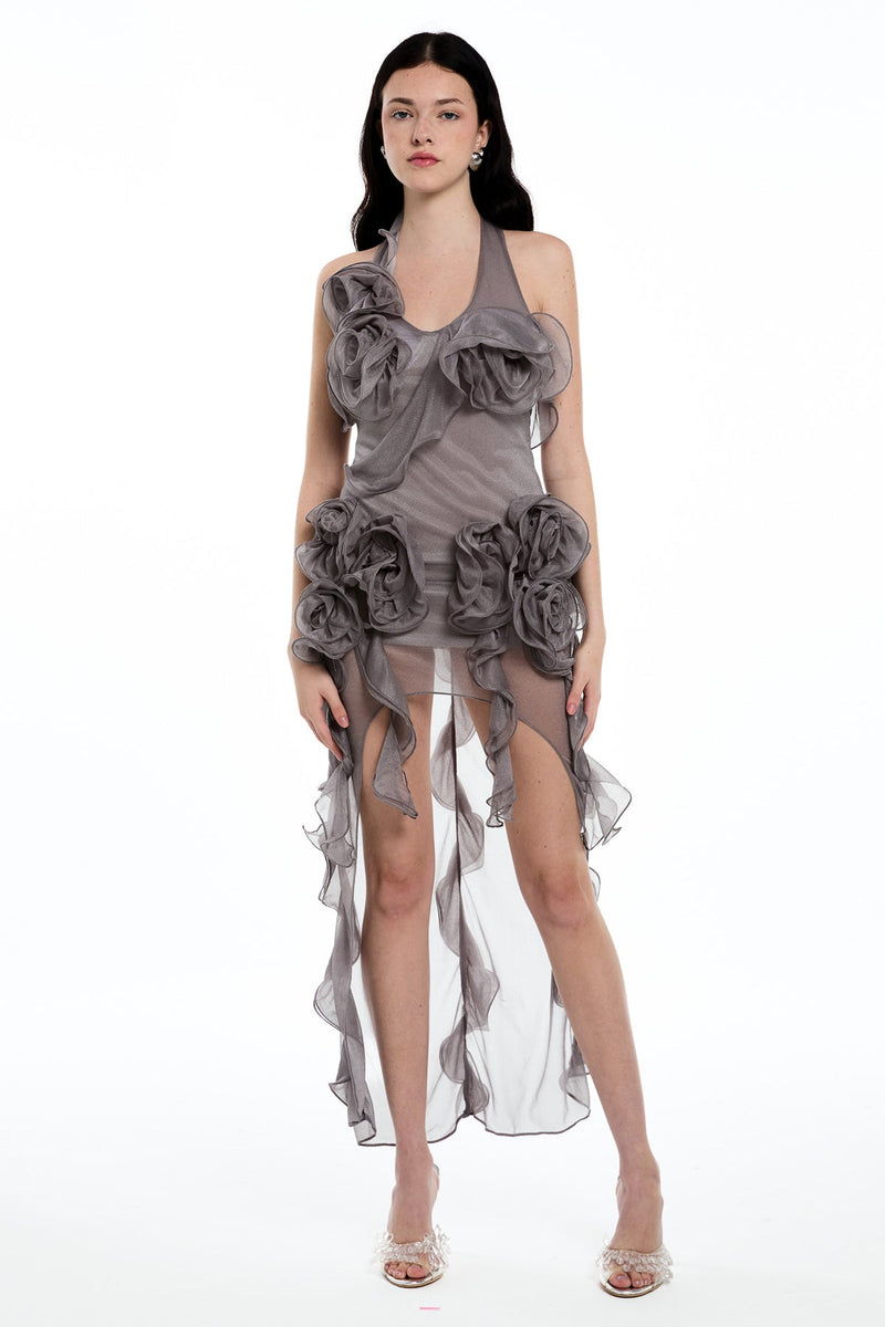 Damir Flower Backless Mesh Mini Dress in Grey